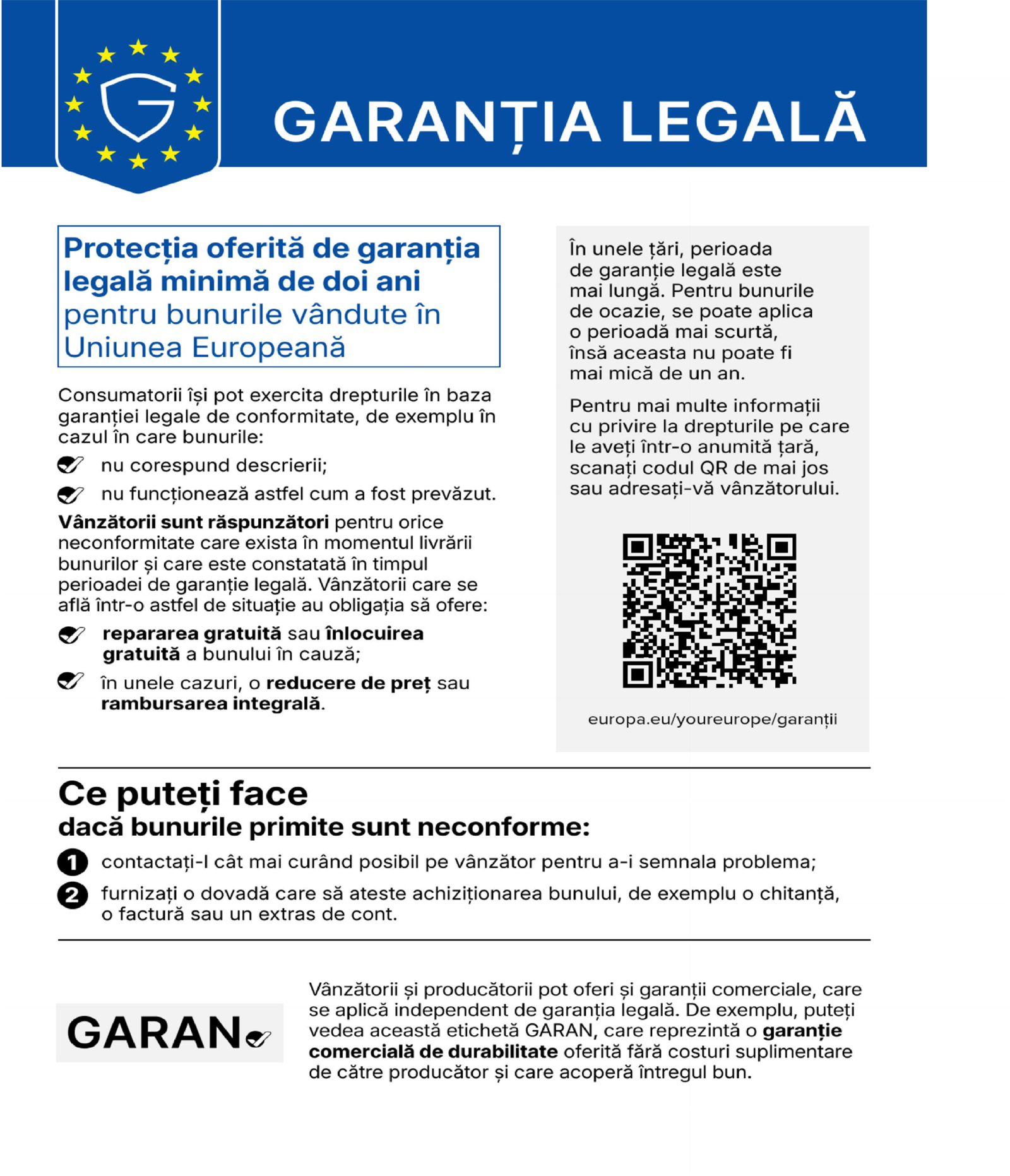 Notificarea armonizată privind garanția legală de conformitate